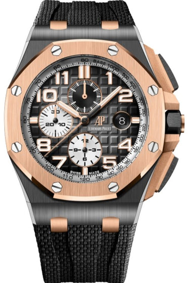 Audemars Piguet Royal Oak Offshore Selfwinding Chronograph/ Stainless Steel/ Black Dial/ White Sub-Dial/ Rose Gold Bezel (Ref#26405NR.OO.A002CA.01) - WatchesOff5thWatch